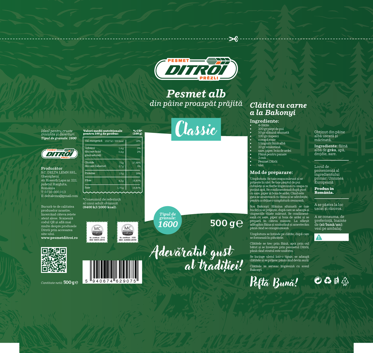 Pesmet Clasic 500 g granlație 1600 microni